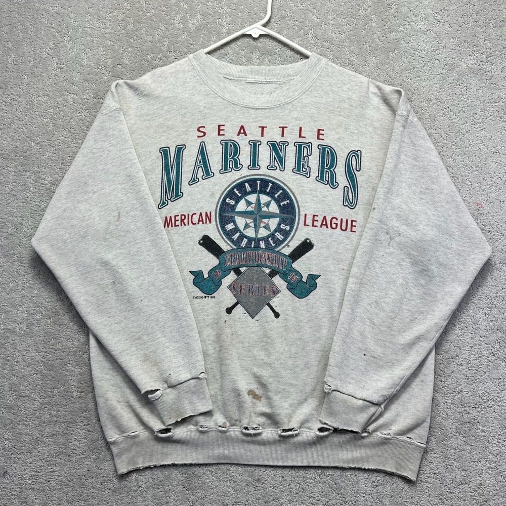 VINTAGE 1995 Seattle Mariners American League Sweatshirt Mens XL Gray Distressed